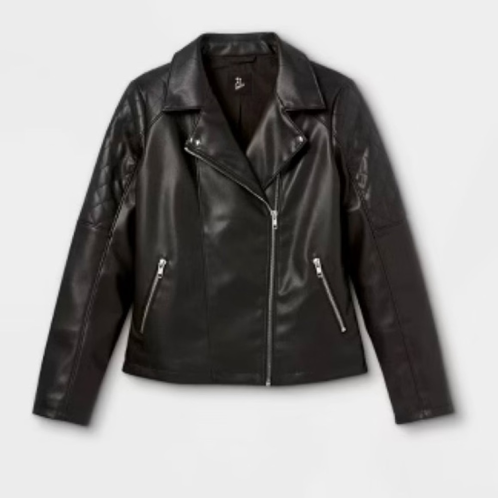art class Black Faux Leather Moto Jacket with Quilted Shoulders
